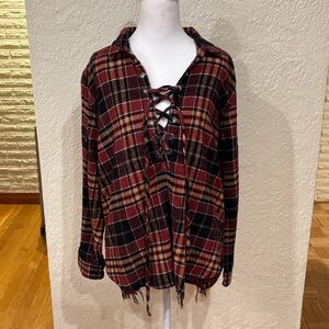 American Eagle Outfitters Plaid Lace-Up Top - Red and Black